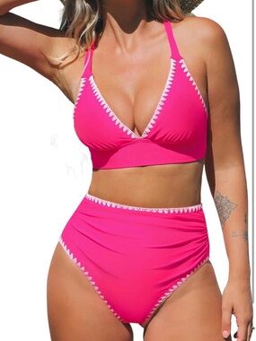 Cupshe Hot Pink High-Waist Bikini with White Zigzag Trim